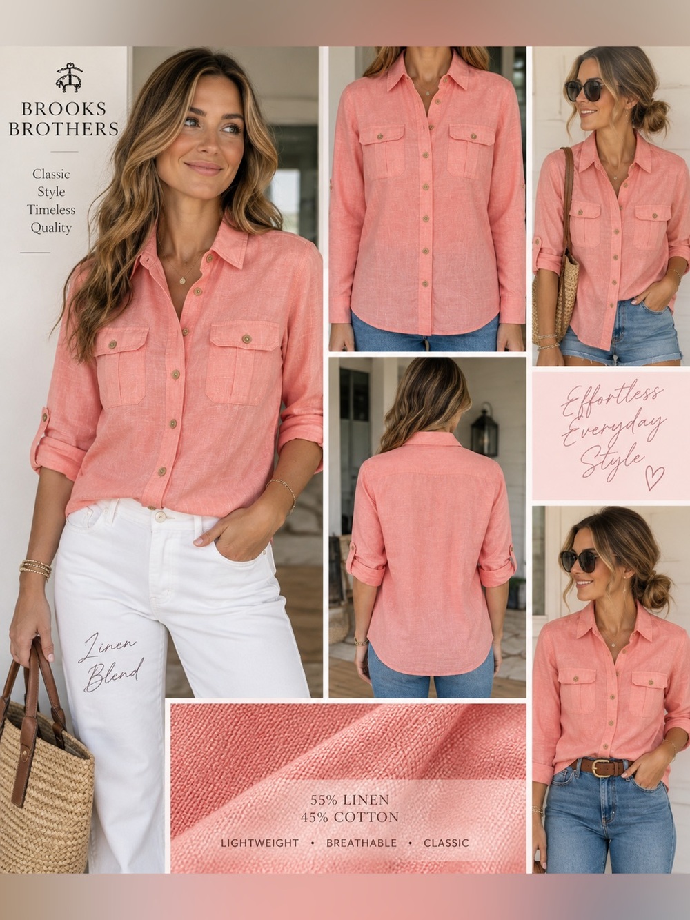 Brooks Brothers Women’s Coral Pink Linen Cotton Roll Tab Utility Shirt 2 EUC